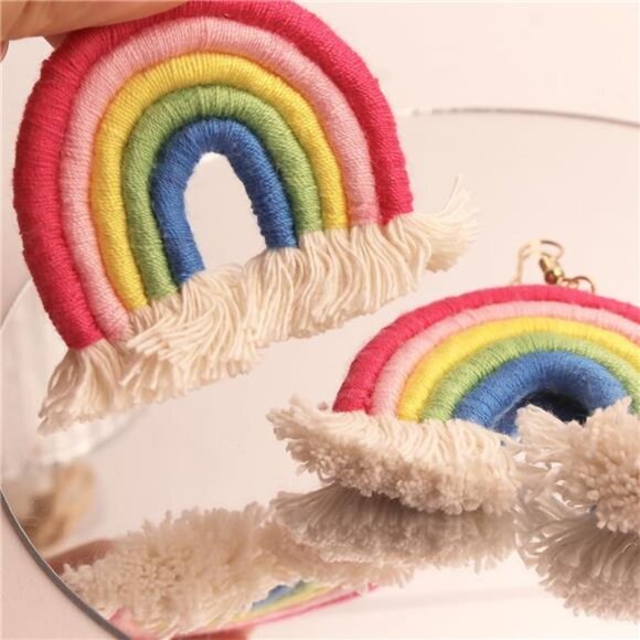 Boho Rainbow Layered Tassel Earrings Handmade Macrame Fringe Drop Earrings Gift - Picture 6 of 8
